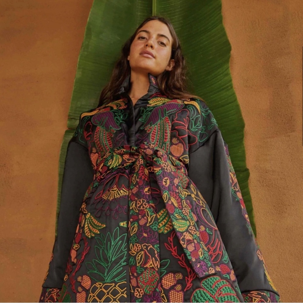 Farm Rio Black Embroidered Kimono Coat with belt